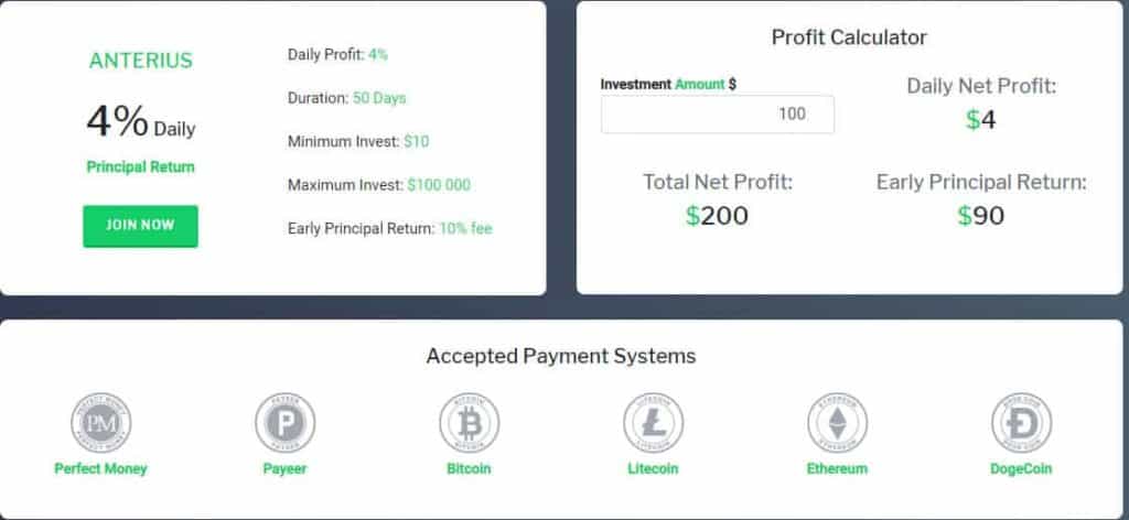 anterius investment plan 1024x472 - [SCAM] Anterius Review - HYIP: Profit 4% per day, early principal return -10%