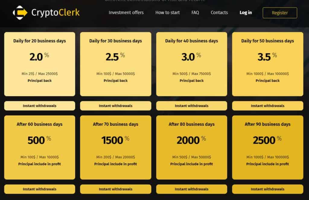 Cryptoclerk investment plans 1024x664 - [SCAM - STOP INVESTING] CryptoClerk Review - HYIP: Profit 2% per day in 20 business days!