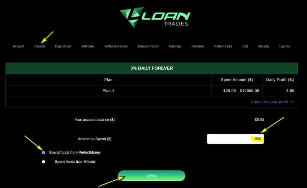 loan trades deposit 2 1024x628 - [SCAM - STOP INVESTING] Loan-Trades: Earn 3% daily and forever!