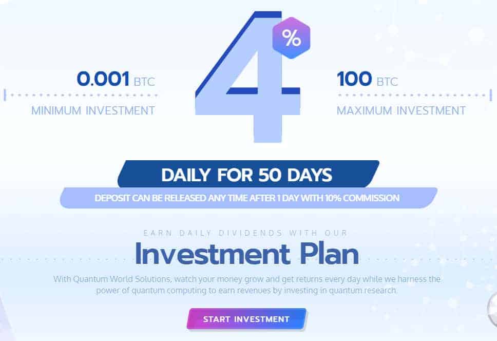 quantum world investment plan - [SCAM - STOP INVESTING] Quantum World: Earn 4% daily, deposit withdrawal after 24 hours!